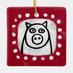 En Céramique Cochon Drôle Sur Ornement Rouge