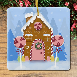 En Céramique Cute Whimsical Gingerbread Maison Ornement Bleu