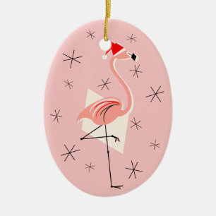 En Céramique Flamant rose Père Noël rose Texte ornement ovale