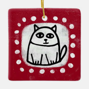 En Céramique Joli Chat Sur Ornement Rouge