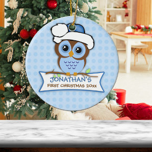 En Céramique Le premier Noël de bébé Ornement Hibou Bleu