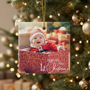 En Céramique Le premier Noël de bébé rouge or Santa Ornement ph