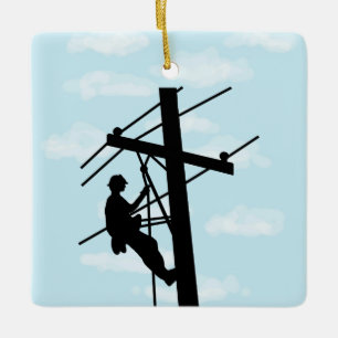 En Céramique Lineman sur Pole Silhouette Ornement personnalisé