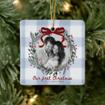 Notre premier Noël Gingham Couronne Photo Ornement