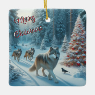 En Céramique Ornement d'arbre de Noël et de loups dans la neige