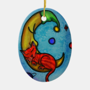 En Céramique Ornement de chat et de lune