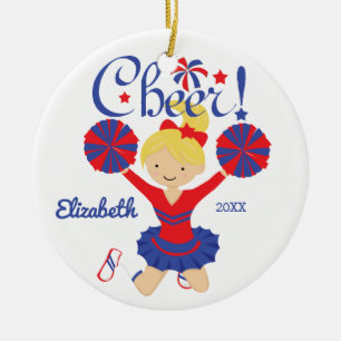 En Céramique Ornement de cheerleader blonde Blue & Red Cheer