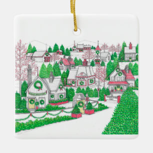 En Céramique Ornement de village de Noël tiré à la main