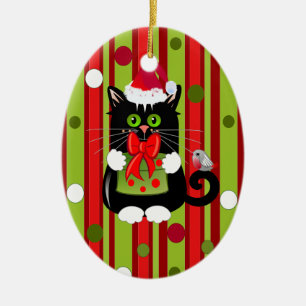 En Céramique Ornement mignon de Noël avec le chat et le merle