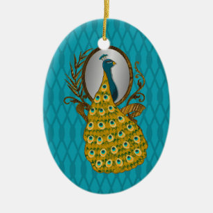 En Céramique Ornement ovale avec le paon admirant sa réflexion