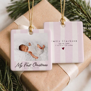 En Céramique Ornement photo de mon premier Noël bébé rayé rose