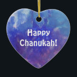 En Céramique Ornement pourpre de coeur de peinture d'Aqua de<br><div class="desc">Cet ornement de coeur a une peinture de composition abstraite avec l'aqua, le bleu, blanc et pourpre et l'expression : "Chanukah heureux !" C'est un grand article de décoration de vacances pour votre pièce et un cadeau gentil pour votre amour ceux.</div>