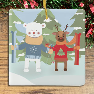 En Céramique Ours polaire mignon et rennes avec skis Ornement