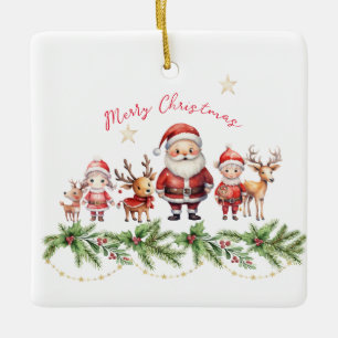 En Céramique Père Noël, Reindeer et les enfants Ornement de Noë