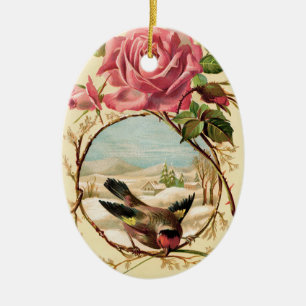 En Céramique Rose rose victorienne et ornement ovale d'oiseaux
