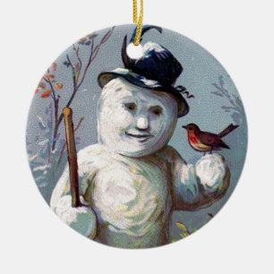 En Céramique Snowman avec Oiseau et chapeau supérieur Ornement