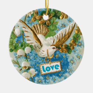 En Céramique Vintage Love colombe bleu fleurs blanches ornement