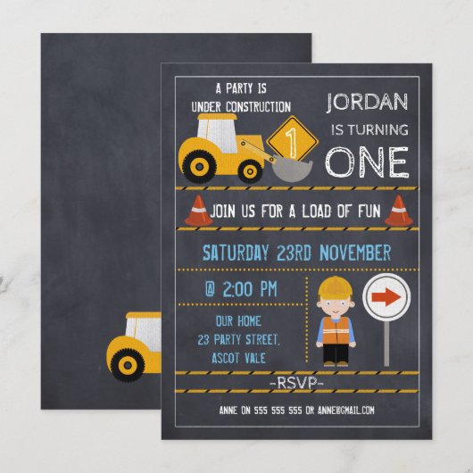 En construction Chalkboard Invitation d'anniversai (Devant / Derrière)