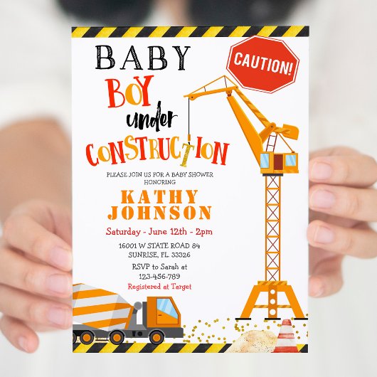 En construction Garçon Baby shower bébé Invitation