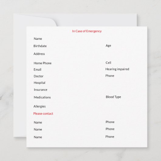 En Coque de la carte de contact d'urgence (Devant)