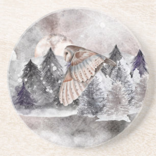 En Grès Barne Owl Moon Aquarelle Forêt Dessous de verre de