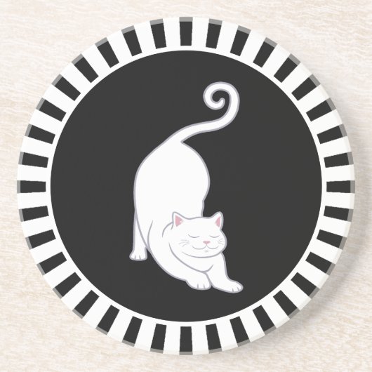 En Grès Chat chaton blanc mignon sur dessous de verre noir (Devant)