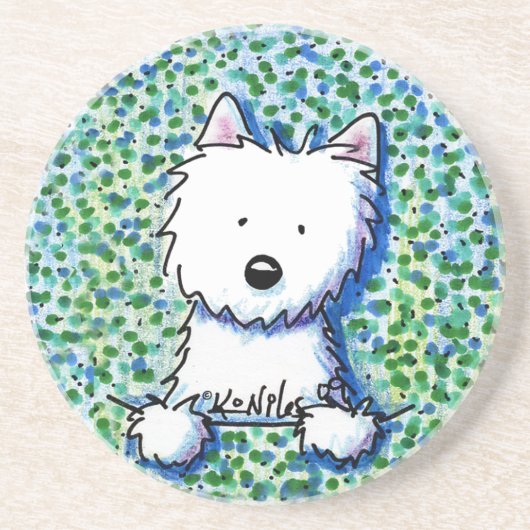 En Grès Chien Westie sur le Dessous de verre de Pointillis (Devant)