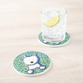 En Grès Chien Westie sur le Dessous de verre de Pointillis (Côté)