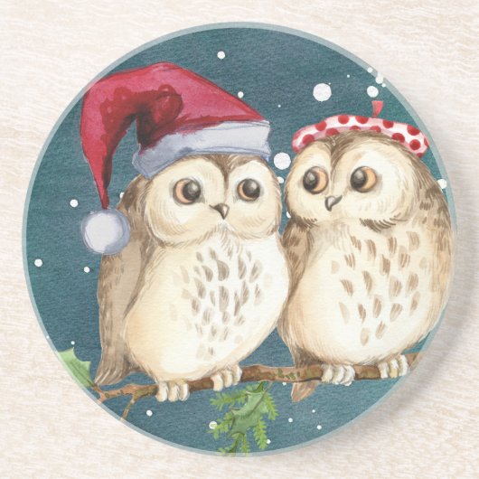 En Grès Cute Ows Dessous de verre de Noël (Devant)