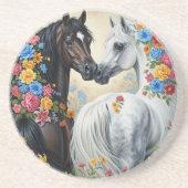 En Grès Dessous de verre avec des chevaux encadrés de fleu (Devant)