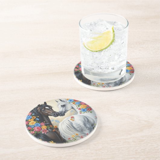 En Grès Dessous de verre avec des chevaux encadrés de fleu (Côté)
