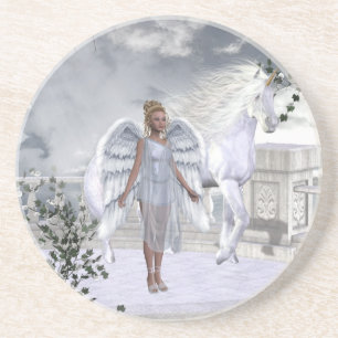 En Grès Dessous de verre blancs d'ange de licorne de