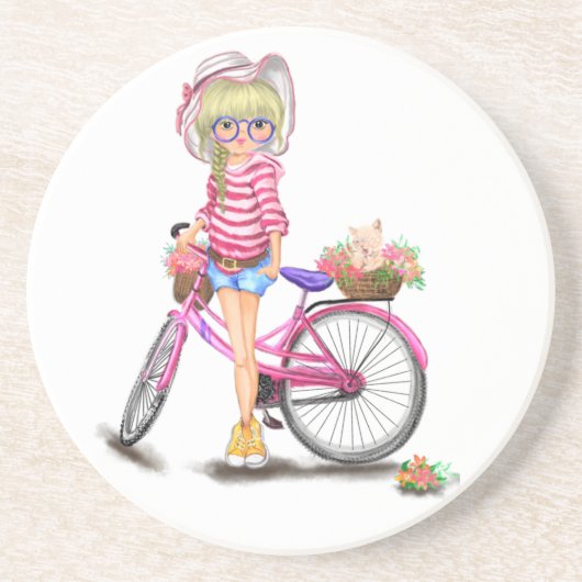 En Grès Dessous de verre Blonde fille avec Vélo rose (Devant)