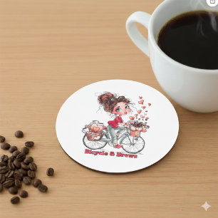 En Grès Dessous de verre café Fille mignonne à vélo aquare