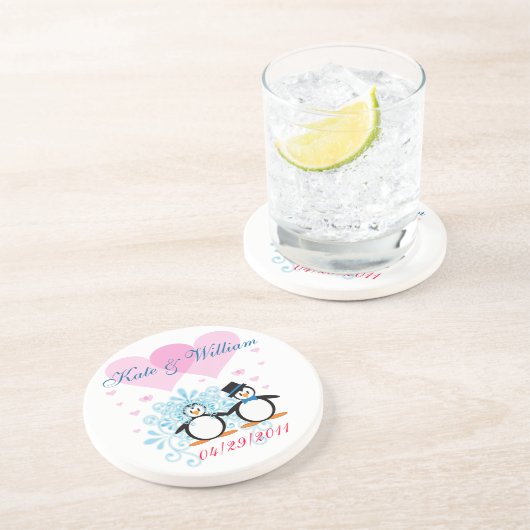 En Grès Dessous de verre de pingouin Mariage de Joyeux Cou (Côté)