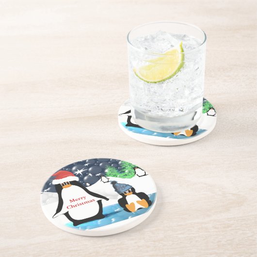 En Grès Dessous de verre de pingouins mignons (Côté)