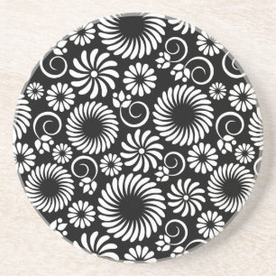 En Grès Dessous de verre floral noir et blanc