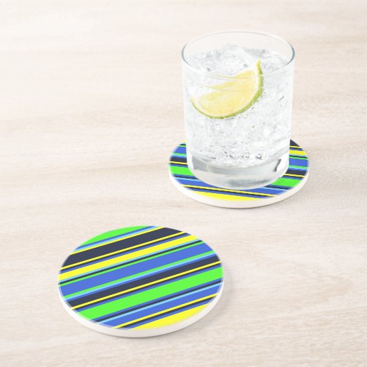 En Grès Dessous de verre Gras Bleu, Lime et Jaune rayé (Côté)