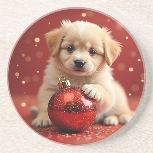 En Grès Dessous de verre pour chiots de Noël (Devant)