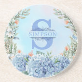 En Grès Dessous de verre rond Blue Hydrangea Monogram (Devant)