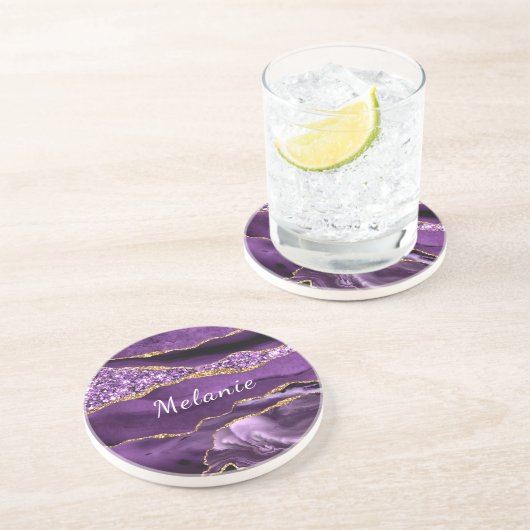 En Grès Dessous de verre rond d'or violet avec nom personn (Côté)