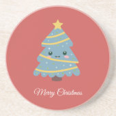 En Grès Dessous de verre rouge avec arbre de Noël Kawaii (Devant)
