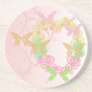 En Grès Dessous de verre Valentin avec Fleurs et Papillons