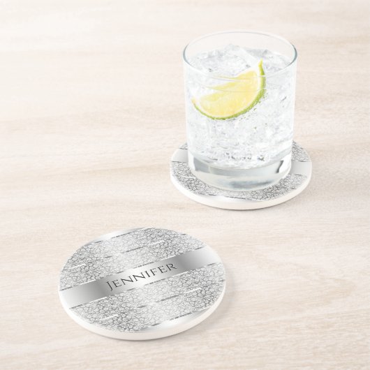 En Grès Élégant Dessous de verre Monogramme Gris Argent (Côté)