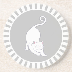 En Grès Joli chaton blanc sur dessous de verre gris et bla