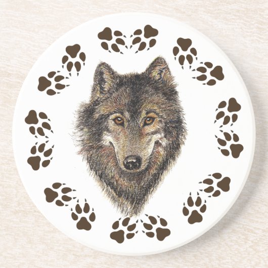 En Grès Loup et traces Aquarelle Dessous de verre animal (Devant)
