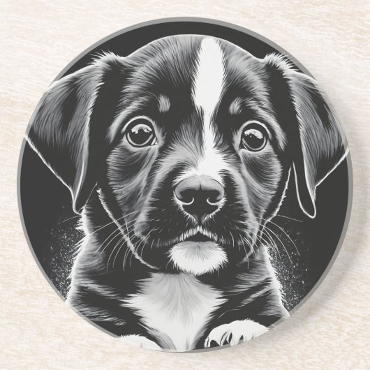 En Grès Mignon chiot noir et blanc – Dessous de verre pour (Devant)