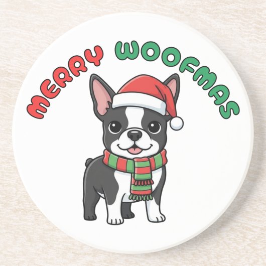 En Grès Noël Boston Terrier Dessous de verre : Joyeux Woof (Devant)