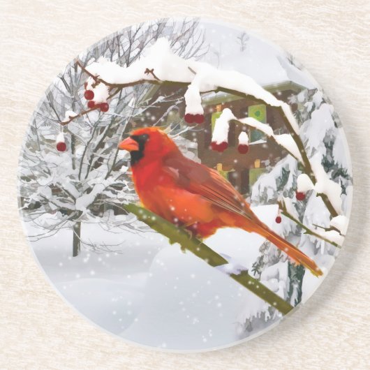 En Grès Noël, oiseau cardinal, neige, dessous de verre (Devant)