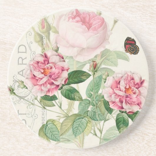 En Grès Redoute Roses roses Fleurs Dessous de verre de grè (Devant)